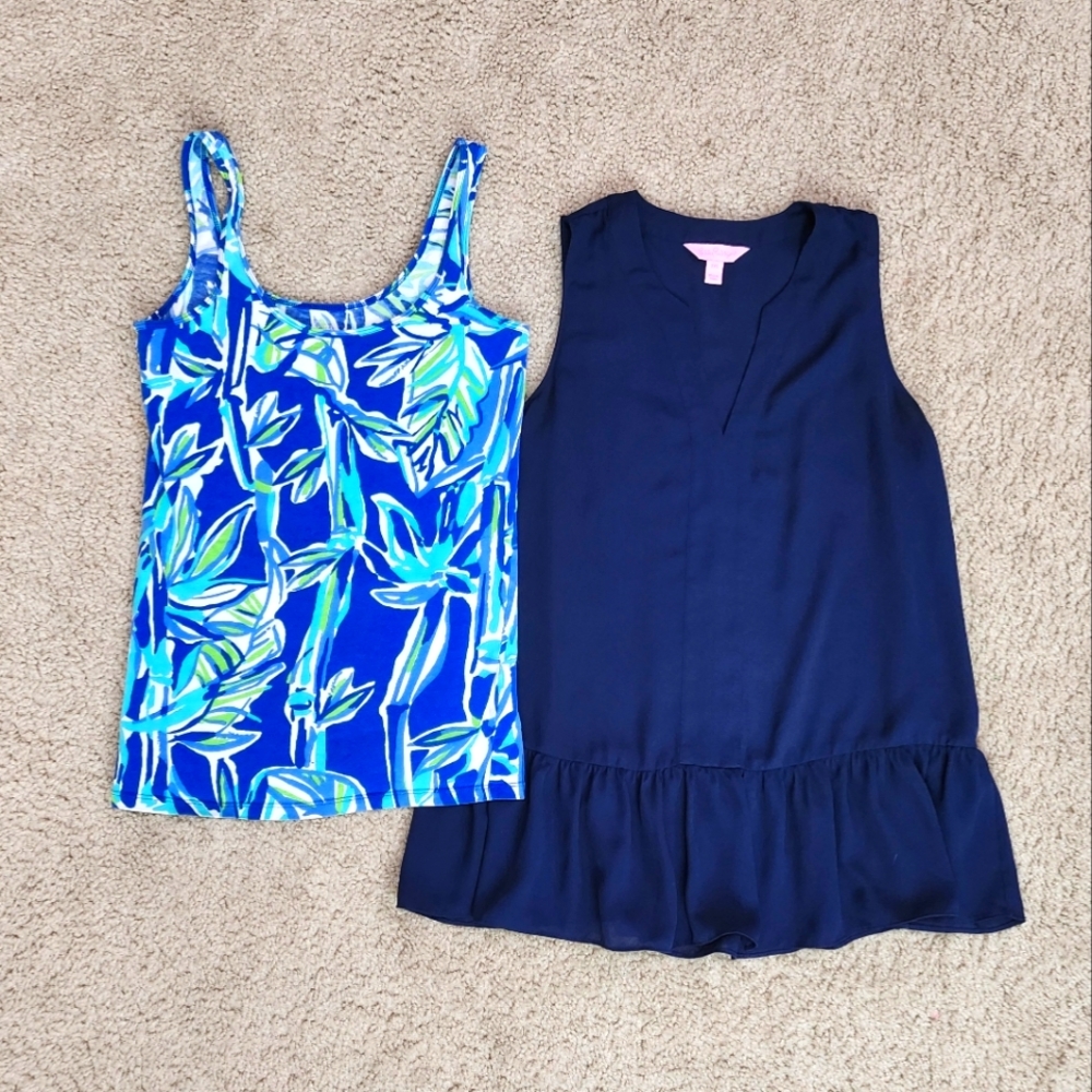 Lilly Pulitzer Sleeveless Shirt Sheer Navy Blue + Floral Tank Top Size XXS XS